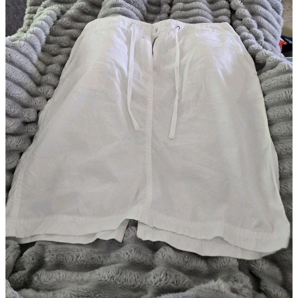 New York & Company White 100% Cotton Drawstring‎ Midi Skirt Size 8 Pockets Slit
